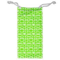 Lime Green And White Owl Pattern Jewelry Bag by GardenOfOphir