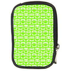 Lime Green And White Owl Pattern Compact Camera Leather Case by GardenOfOphir