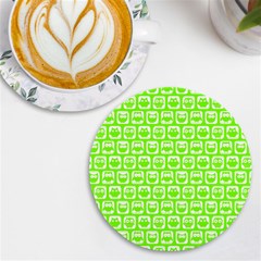 Lime Green And White Owl Pattern Uv Print Round Tile Coaster by GardenOfOphir