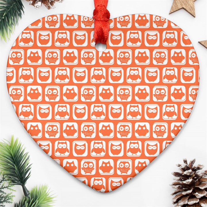 Coral And White Owl Pattern Ornament (Heart)