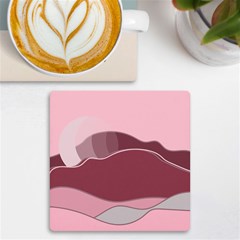 Hills Water Lake Sun Sunrise Lines Drawing Boho Uv Print Square Tile Coaster  by Ravend