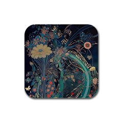 Ai Generated Flower Trees Forest Mystical Forest Rubber Square Coaster (4 Pack) by Ravend