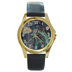 Ai Generated Flower Trees Forest Mystical Forest Round Gold Metal Watch by Ravend