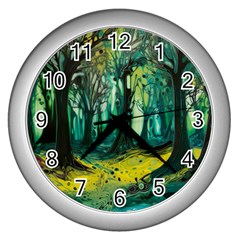 Ai Generated Trees Forest Mystical Forest Nature Art Wall Clock (silver) by Ravend