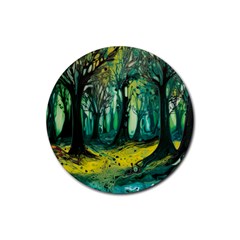 Ai Generated Trees Forest Mystical Forest Nature Art Rubber Round Coaster (4 Pack) by Ravend