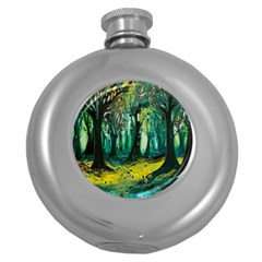 Ai Generated Trees Forest Mystical Forest Nature Art Round Hip Flask (5 Oz) by Ravend