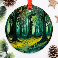 Ai Generated Trees Forest Mystical Forest Nature Art Round Ornament (two Sides) by Ravend