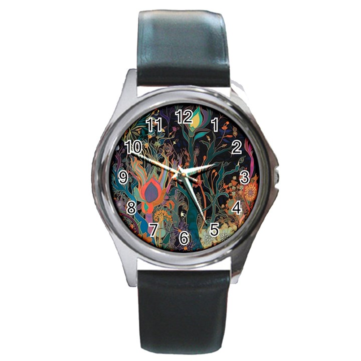 Ai Generated Trees Forest Mystical Forest Nature Round Metal Watch