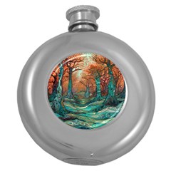 Ai Generated Tree Forest Mystical Forest Nature Round Hip Flask (5 Oz) by Ravend