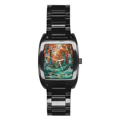 Ai Generated Tree Forest Mystical Forest Nature Stainless Steel Barrel Watch by Ravend