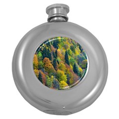 Forest Trees Leaves Fall Autumn Nature Sunshine Round Hip Flask (5 Oz) by Ravend