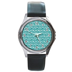 Teal And White Owl Pattern Round Metal Watch by GardenOfOphir