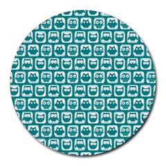 Teal And White Owl Pattern Round Mousepad by GardenOfOphir