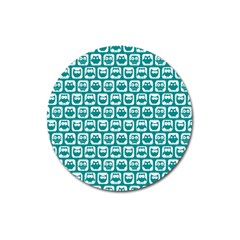 Teal And White Owl Pattern Magnet 3  (round) by GardenOfOphir