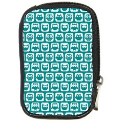 Teal And White Owl Pattern Compact Camera Leather Case by GardenOfOphir