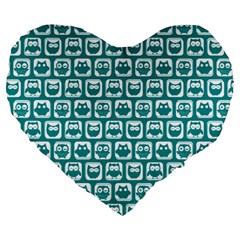 Teal And White Owl Pattern Large 19  Premium Heart Shape Cushions by GardenOfOphir