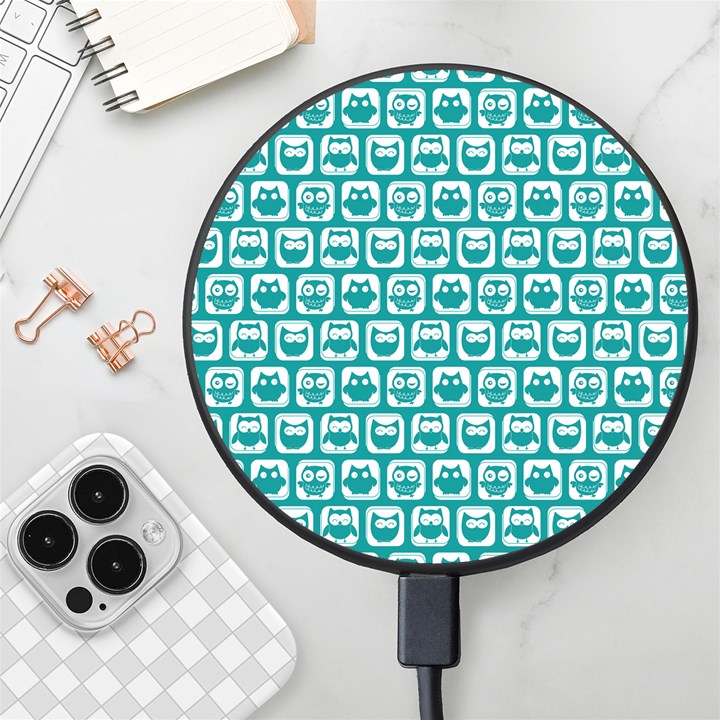 Teal And White Owl Pattern Wireless Fast Charger(Black)