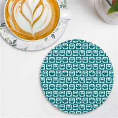 Teal And White Owl Pattern Uv Print Round Tile Coaster by GardenOfOphir