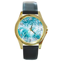 Tropical Blue Ocean Wave Round Gold Metal Watch by Jack14