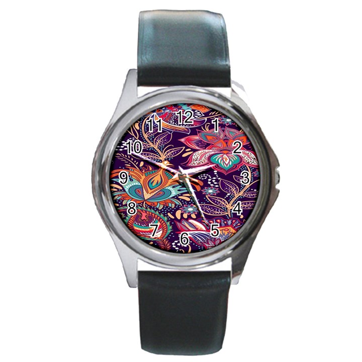 Ornamental Patterns Abstract Flower Pattern Purple Round Metal Watch