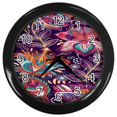 Ornamental Patterns Abstract Flower Pattern Purple Wall Clock (black)