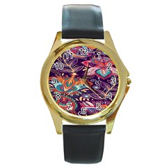 Ornamental Patterns Abstract Flower Pattern Purple Round Gold Metal Watch