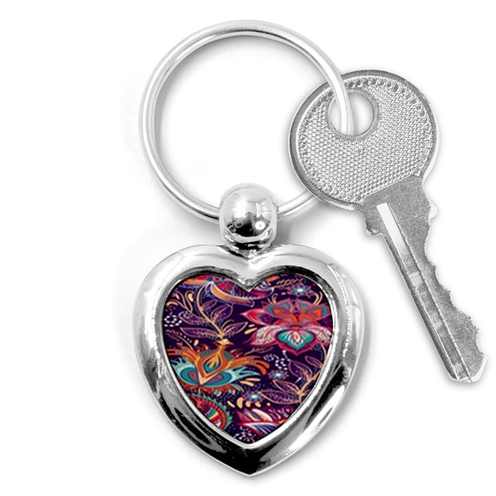 Ornamental Patterns Abstract Flower Pattern Purple Key Chain (Heart)