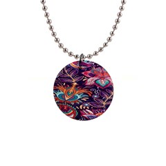 Ornamental Patterns Abstract Flower Pattern Purple 1  Button Necklace