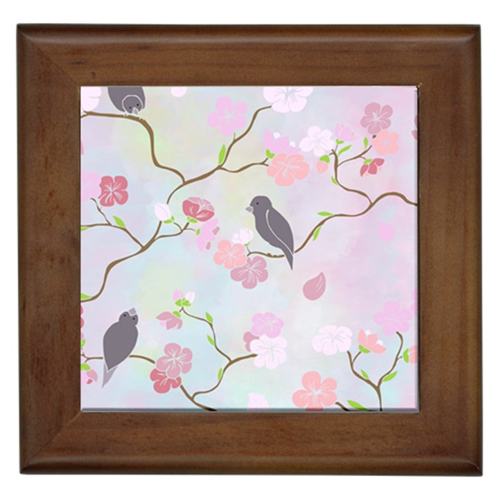 Birds Blossom Seamless Pattern Framed Tile