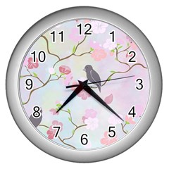 Birds Blossom Seamless Pattern Wall Clock (silver)