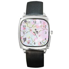 Birds Blossom Seamless Pattern Square Metal Watch