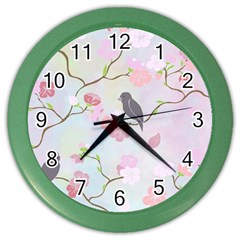 Birds Blossom Seamless Pattern Color Wall Clock by Jancukart