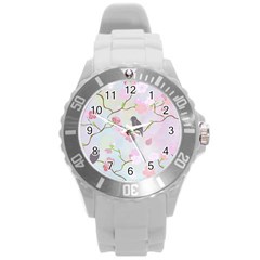 Birds Blossom Seamless Pattern Round Plastic Sport Watch (l)