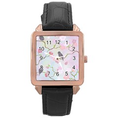 Birds Blossom Seamless Pattern Rose Gold Leather Watch 