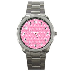 Pink Gerbera Daisy Vector Tile Pattern Sport Metal Watch by GardenOfOphir