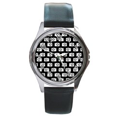 Modern Chic Vector Camera Illustration Pattern Round Metal Watch by GardenOfOphir