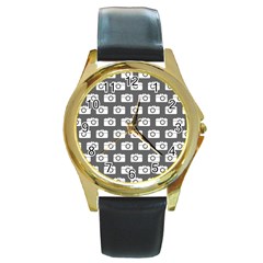 Modern Chic Vector Camera Illustration Pattern Round Gold Metal Watch by GardenOfOphir