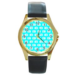 Modern Chic Vector Camera Illustration Pattern Round Gold Metal Watch by GardenOfOphir