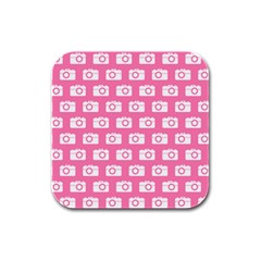 Pink Modern Chic Vector Camera Illustration Pattern Rubber Square Coaster (4 Pack) by GardenOfOphir