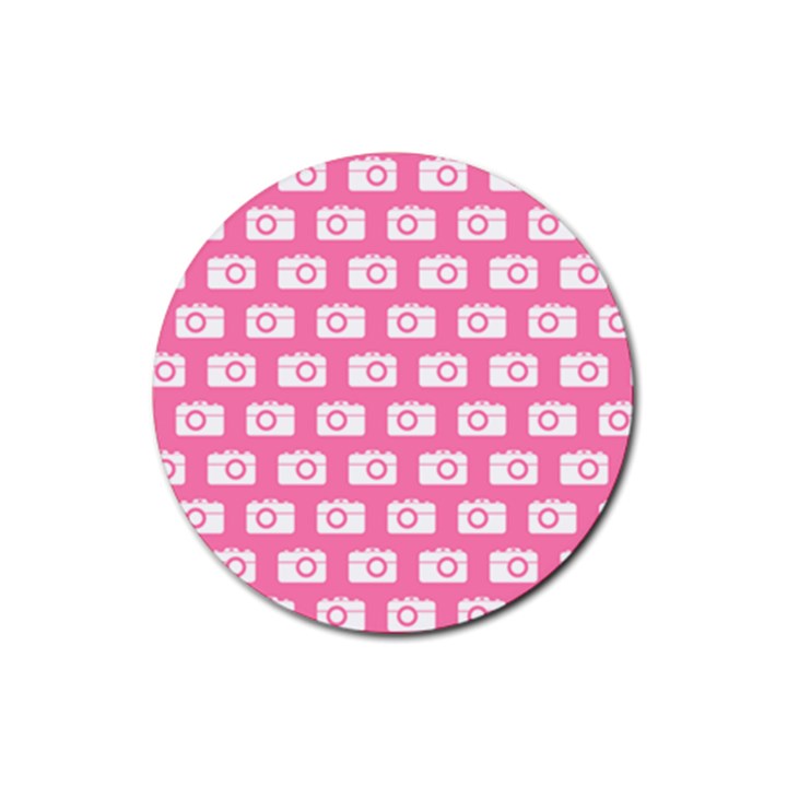 Pink Modern Chic Vector Camera Illustration Pattern Rubber Round Coaster (4 pack)