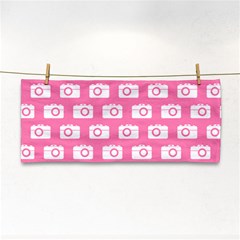 Pink Modern Chic Vector Camera Illustration Pattern Hand Towel by GardenOfOphir