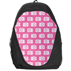 Pink Modern Chic Vector Camera Illustration Pattern Backpack Bag by GardenOfOphir