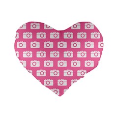 Pink Modern Chic Vector Camera Illustration Pattern Standard 16  Premium Heart Shape Cushions by GardenOfOphir