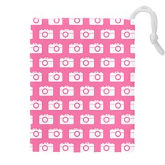 Pink Modern Chic Vector Camera Illustration Pattern Drawstring Pouch (4xl) by GardenOfOphir