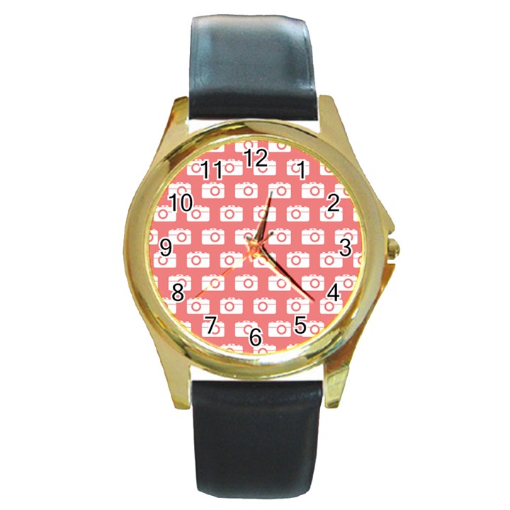 Modern Chic Vector Camera Illustration Pattern Round Gold Metal Watch