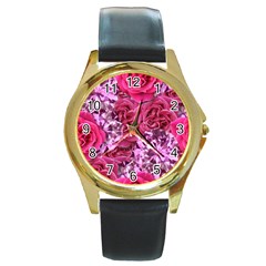 Roses Pink Tourmaline Seamless Round Gold Metal Watch