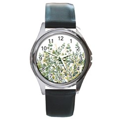 Gold And Green Eucalyptus Leaves Round Metal Watch by Jack14