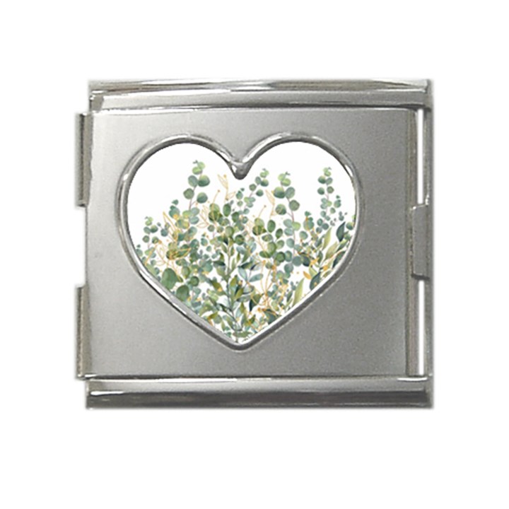 Gold And Green Eucalyptus Leaves Mega Link Heart Italian Charm (18mm)