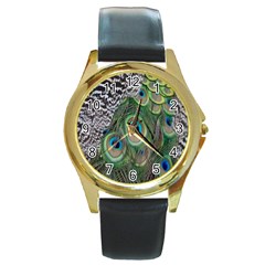 Peacock Bird Feather Colourful Round Gold Metal Watch by Jancukart