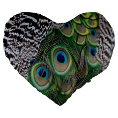 Peacock Bird Feather Colourful Large 19  Premium Heart Shape Cushions